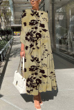 Multicolor Graphics Print O Neck 3/4 Sleeve Long Loose Vacation Casual Pleated Maxi Dresses