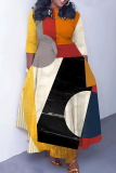 Multicolor Graphics Print O Neck 3/4 Sleeve Belted Pockets Long Vacation Casual Pleated A Line Maxi Dresses