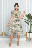 Grey Ombre Print Patchwork V Neck Short Sleeve Vacation Casual Pleated Midi Flowy Dresses