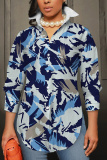 Dark Khaki Graphcis Print Shirt Collar Long Sleeve Buttons Slit Casual Vacation Shirt Tops