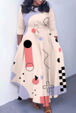 Multicolor Graphics Print O Neck 3/4 Sleeve Belted Pockets Long Vacation Casual Pleated A Line Maxi Dresses