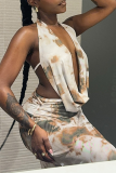 White Gray Graphics Print Backless Deep V Neck Sleeveless Strap Design Crop Tops And Maxi Skirt Two Pieces Dress Sets
