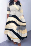 Light Blue Graphics Print O Neck 3/4 Sleeve Belted Pockets Long Vacation Casual Pleated A Line Maxi Dresses