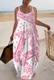Multicolor Graphics Print Backless Sleeveless Spaghetti Strap Floor Length Long Baggy Vacation Maxi Slip Dresses