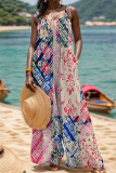Rose Red Blue Graphics Print Sleeveless Backless Spaghetti Strap Buttons Casual Vacation Wide Leg Jumpsuits