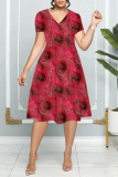 Multicolor Floral Print Patchwork V Neck Short Sleeve Vacation Casual Pleated Midi Flowy Dresses