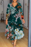 Brown Floral Print Patchwork V Neck Long Sleeve Vacation Casual Pleated Maxi Flowy Dresses