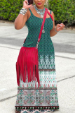 Red Boho Graphics Print Backless Sleeveless Spaghetti Strap Floor Length Long Baggy Vacation Maxi Slip Dresses