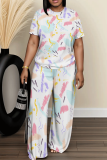 Multicolor Graphics Print Round Neck Short Sleeve T-shirt And Wide Leg Pants Two Pieces Trouser Sets