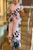 Pink Graphcis Print V Neck Short Sleeve Casual Vacation Wide Leg Jumpsuits