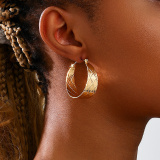 Glod Metal Wide Ring Checkerboard Round Earrings