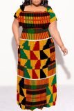 Yellow Blue Geometric Print Off Shoulder Ruffle Sleeve Casual Outing Plus Size Vacation Loose Fit Maxi Dresses