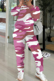 Rose Red Camouflage Casual Letter Print Round Neck Long Sleeve Sweatshirt And Pencil Pants Fall Winter Two Pieces Sets