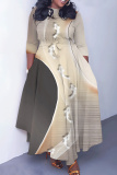 Light Blue Graphics Print O Neck 3/4 Sleeve Belted Pockets Long Vacation Casual Pleated A Line Maxi Dresses