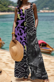 Rose Red Blue Graphics Print Sleeveless Backless Spaghetti Strap Buttons Casual Vacation Wide Leg Jumpsuits
