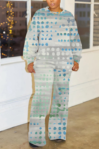Green Graphics Print O Neck Long Sleeve Sweatshirt And Wide Leg Pants Casual Sportwear Plus Size Two Pieces Jogger Sets