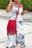 Blue Casual Graphics Print Backless Sleeveless Spaghetti Strap Long Maxi Slip Dresses