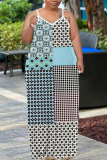 Green Graphics Print Backless Sleeveless Spaghetti Strap Floor Length Long Baggy Vacation Maxi Slip Dresses