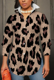 Brown Leopard Print Shirt Collar Long Sleeve Buttons Slit Casual Vacation Shirt Tops