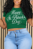 Green Shamrock Letter Print O Neck Short Sleeve Casual Irish Clover Crop T-Shirts