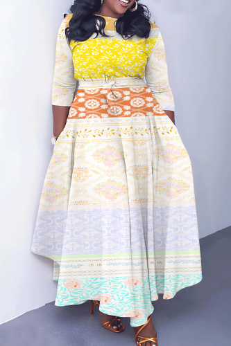 Yellow Floral Print O Neck 3/4 Sleeve Belted Pockets Long Vacation Casual Pleated A Line Maxi Dresses