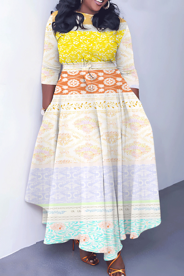 Yellow Floral Print O Neck 3/4 Sleeve Belted Pockets Long Vacation Casual Pleated A Line Maxi Dresses