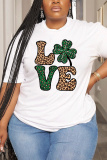 White Green Letter Shamrock Four Leaf Clover Print O Neck Short Sleeve Casual Oversize T-Shirts
