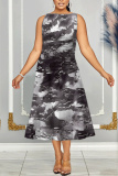 Dark Gray Graphics Print Sleeveless O Neck Casual Vacation Pleated Midi Tank Dresses