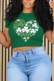 Green Shamrock Letter Print O Neck Short Sleeve Casual Irish Clover Crop T-Shirts