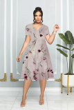 Grey Ombre Print Patchwork V Neck Short Sleeve Vacation Casual Pleated Midi Flowy Dresses