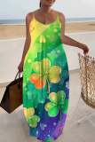 Orange Green Shamrock Print Sleeveless Backless Spaghetti Strap Floor Length Casual Irish Clover Maxi Slip Dresses