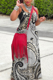 Blue Casual Graphics Print Backless Sleeveless Spaghetti Strap Long Maxi Slip Dresses
