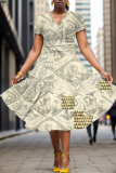 Dark Red Floral Print V Neck Short Sleeve Casual Halloween Flowy Midi Dress