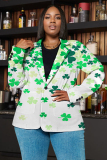 Ice Grass Green Shamrock Four Leaf Clover Print Buttons Turn-back Collar Long Sleeve Formal Office Casual Blazer Jackets