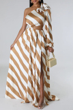 Striped Print Oblique Collar One Long Sleeve Backless Slit Ruffle Trim Vacation Casual Maxi Dresses