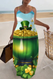 Orange Green Shamrock Print Sleeveless Backless Spaghetti Strap Floor Length Casual Irish Clover Maxi Slip Dresses