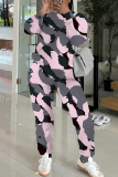 Rose Red Camouflage Casual Letter Print Round Neck Long Sleeve Sweatshirt And Pencil Pants Fall Winter Two Pieces Sets