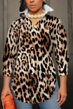 Brown Leopard Print Shirt Collar Long Sleeve Buttons Slit Casual Vacation Shirt Tops