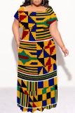 Yellow Blue Geometric Print Off Shoulder Ruffle Sleeve Casual Outing Plus Size Vacation Loose Fit Maxi Dresses