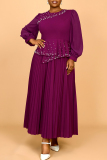 Purple Beading Lantern Sleeve O Neck Formal Office Lady Casual Pleated Maxi Dresses