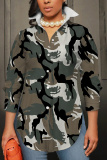 Dark Khaki Graphcis Print Shirt Collar Long Sleeve Buttons Slit Casual Vacation Shirt Tops