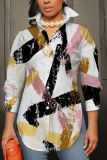 Dark Khaki Graphcis Print Shirt Collar Long Sleeve Buttons Slit Casual Vacation Shirt Tops