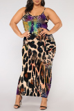 Leopard Chain Print U Neck Sleeveless Plus Size Bodycon Maxi Slip Dresses