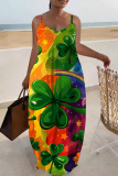 Orange Green Shamrock Print Sleeveless Backless Spaghetti Strap Floor Length Casual Irish Clover Maxi Slip Dresses