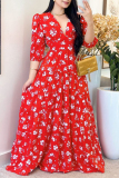Red Floral Print V Neck Half Sleeve Casual Vacation Maxi Summer Dresses
