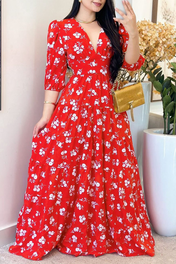 Red Floral Print V Neck Half Sleeve Casual Vacation Maxi Summer Dresses