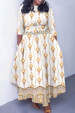 Yellow Floral Print O Neck 3/4 Sleeve Belted Pockets Long Vacation Casual Pleated A Line Maxi Dresses