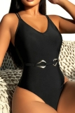 Black Backless Belted One Piece Swimsuit Vacation Beach Swimwears(With Paddings)