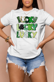 Leopard Letter Shamrock Four Leaf Clover Print O Neck Short Sleeve Casual Oversize T-Shirts