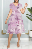Multicolor Floral Print Patchwork V Neck Short Sleeve Vacation Casual Pleated Midi Flowy Dresses